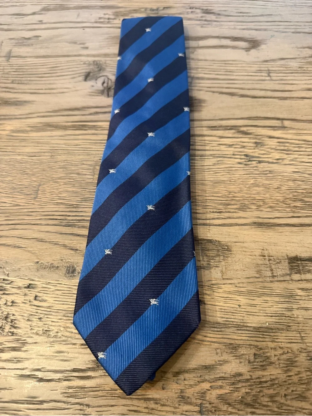 Burberry Blue and Navy Striped Silk Tie with White Motifs
